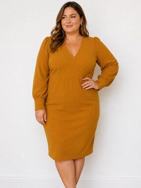 Dress the Population Mustard Gold Long Sleeve Sheath Midi Dress Size Medium
